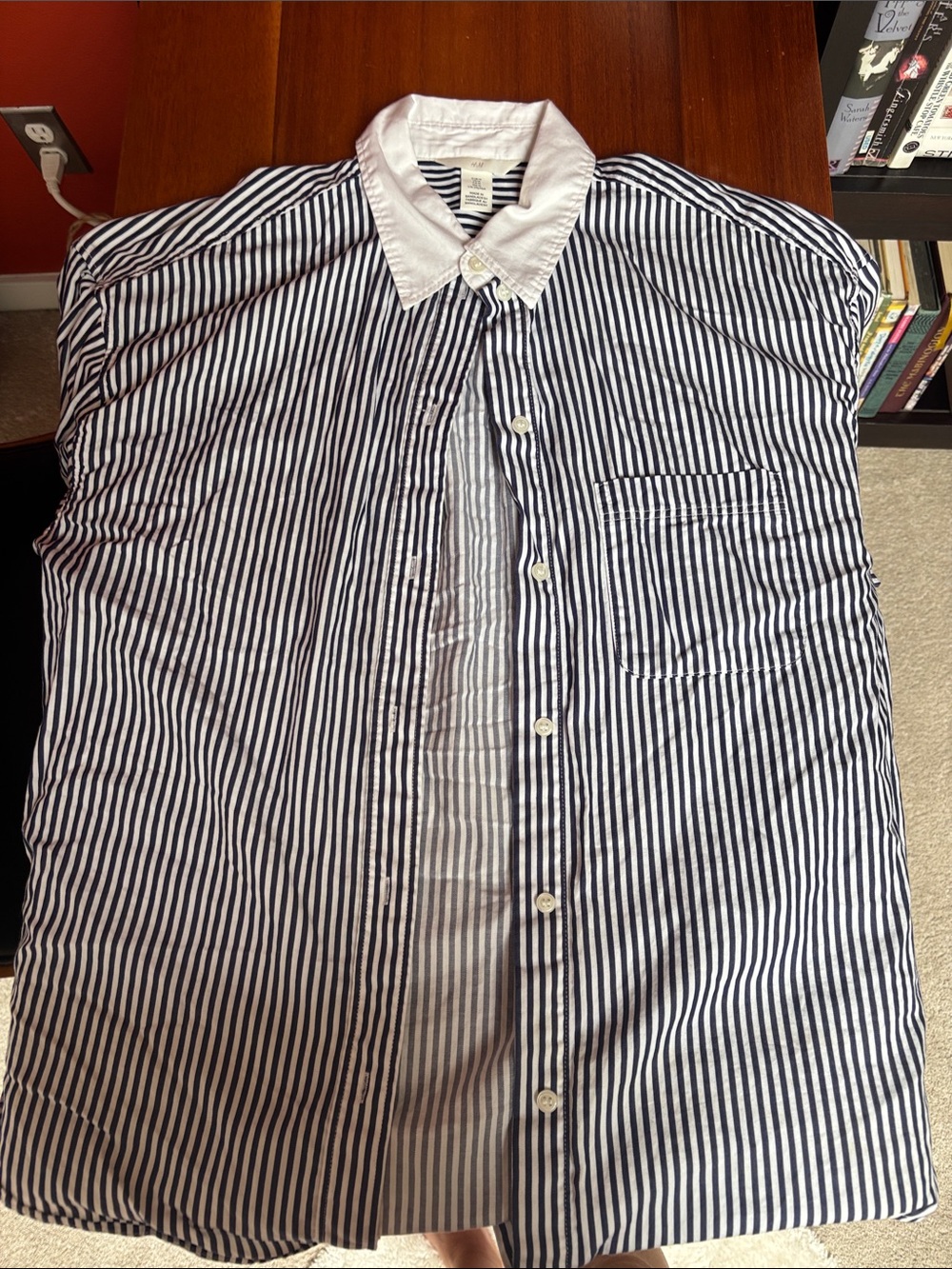 H&M Navy and White Vertical Stripe Button-Down Shirt with White Collar